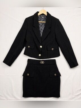 Elisabetta Franchi Quiet Luxury Black Bouclé Tweed Blazer Skirt Set